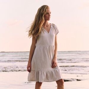 Pact Organic 100% Cotton Striped Babydoll Dress Neutral Cottagecore M